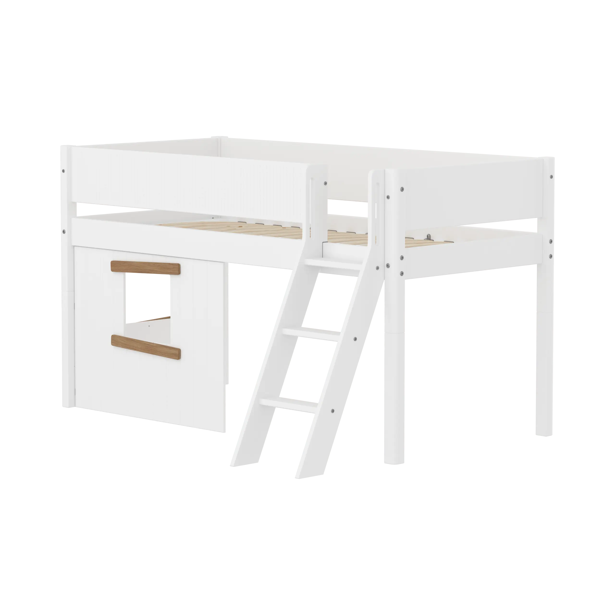 Lit surélevé 120 cm avec cabane, échelle et barrière de sécurité, 90x200, Blanc/Chêne
