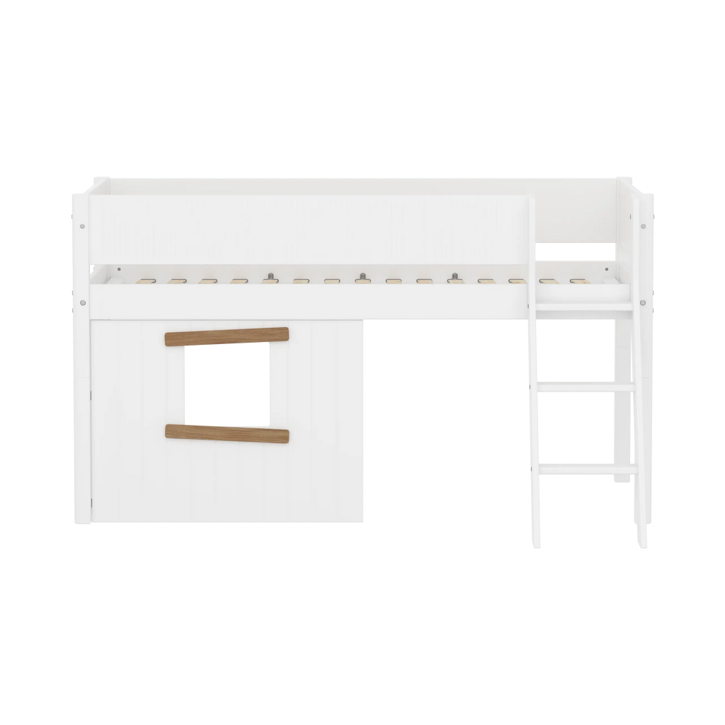 Lit surélevé 120 cm avec cabane, échelle et barrière de sécurité, 90x200, Blanc/Chêne