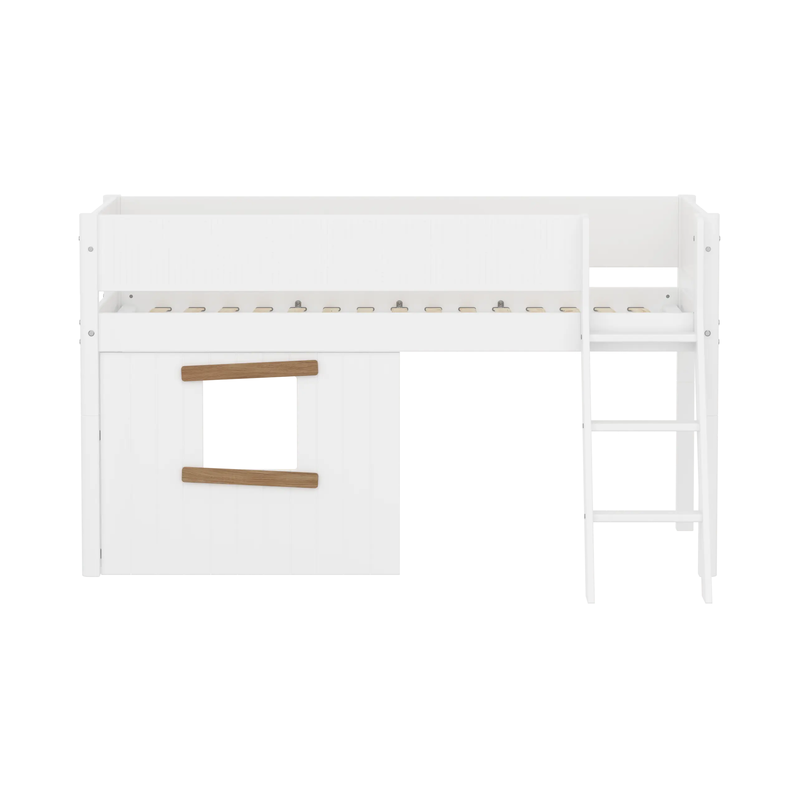 Lit surélevé 120 cm avec cabane, échelle et barrière de sécurité, 90x200, Blanc/Chêne