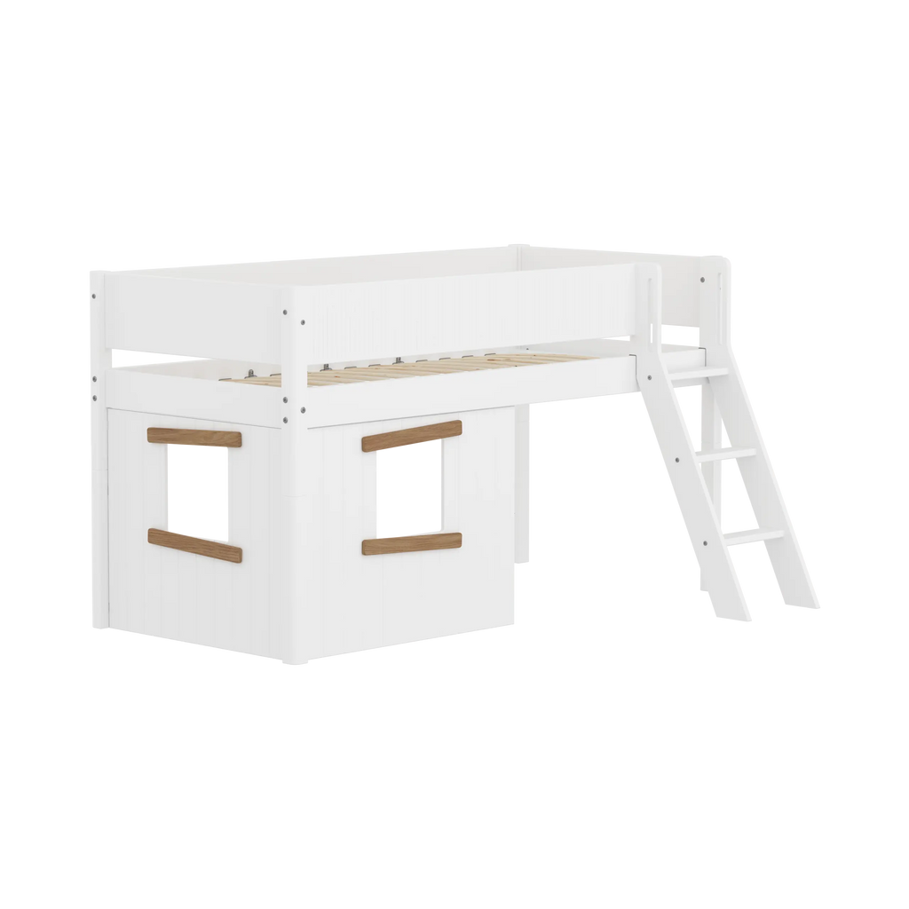 Lit surélevé 120 cm avec cabane, échelle et barrière de sécurité, 90x200, Blanc/Chêne