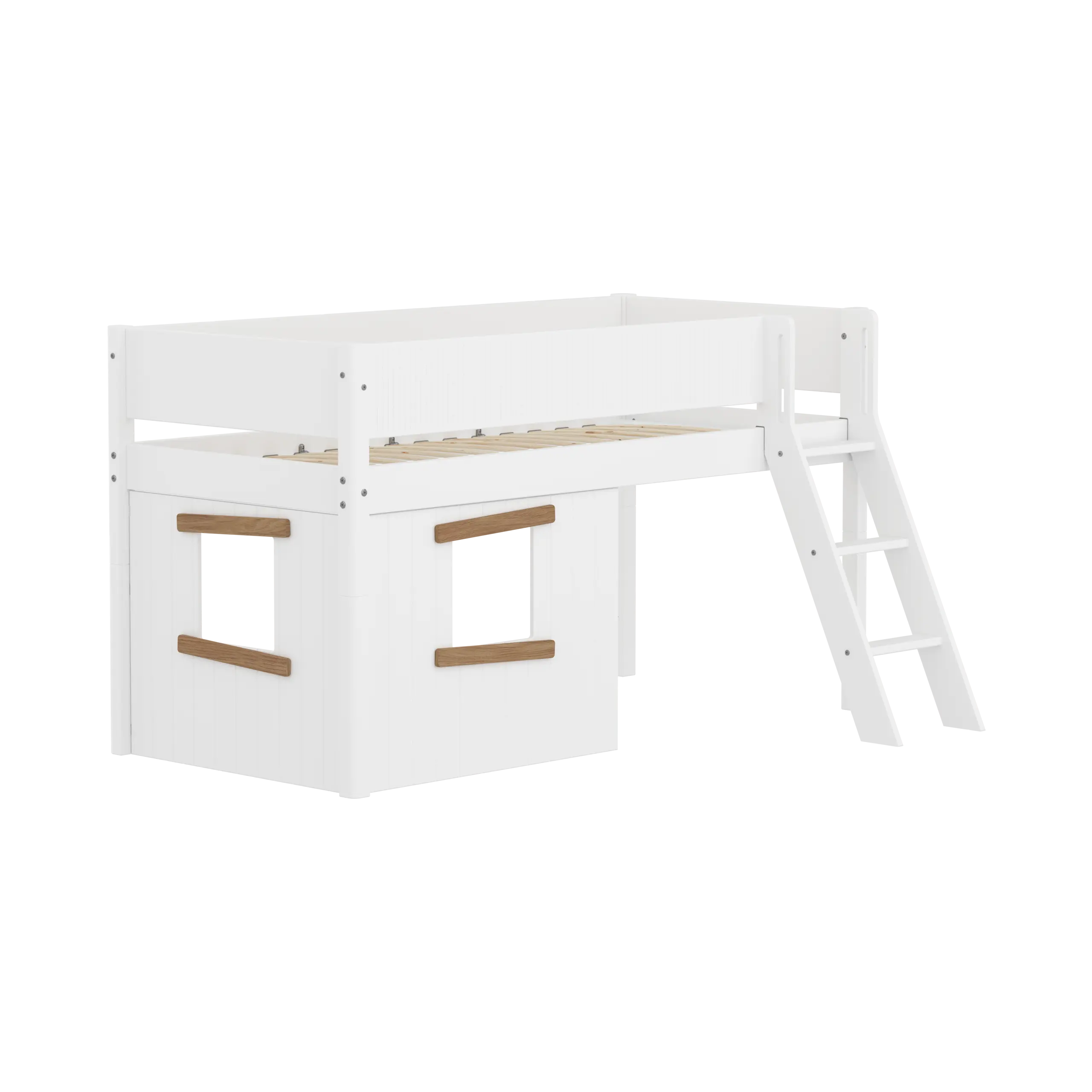 Lit surélevé 120 cm avec cabane, échelle et barrière de sécurité, 90x200, Blanc/Chêne