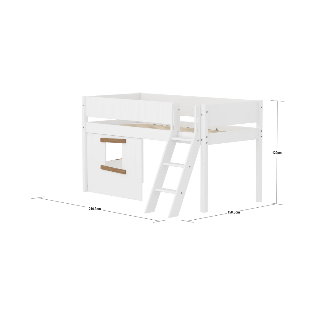 Lit surélevé 120 cm avec cabane, échelle et barrière de sécurité, 90x200, Blanc/Chêne