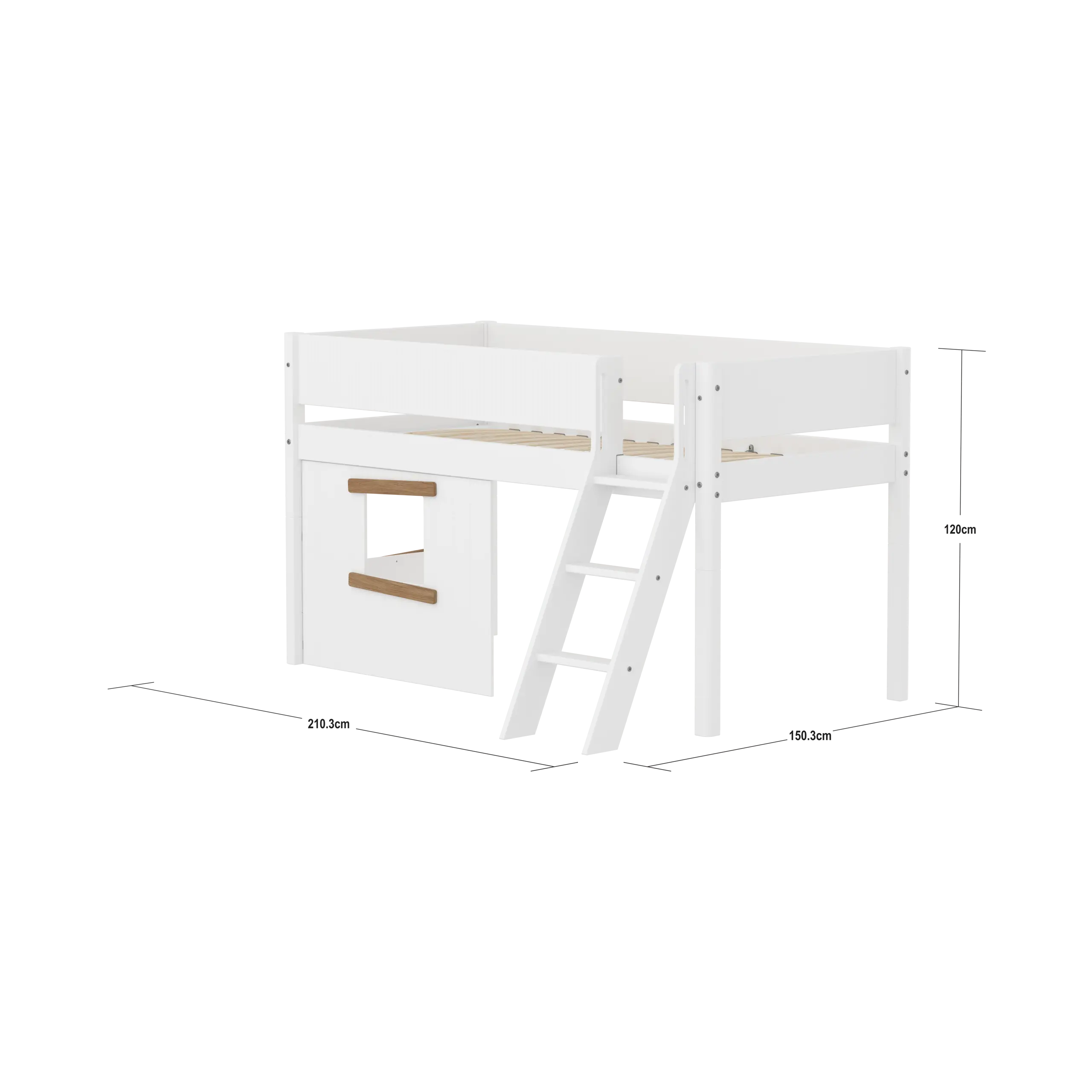 Lit surélevé 120 cm avec cabane, échelle et barrière de sécurité, 90x200, Blanc/Chêne