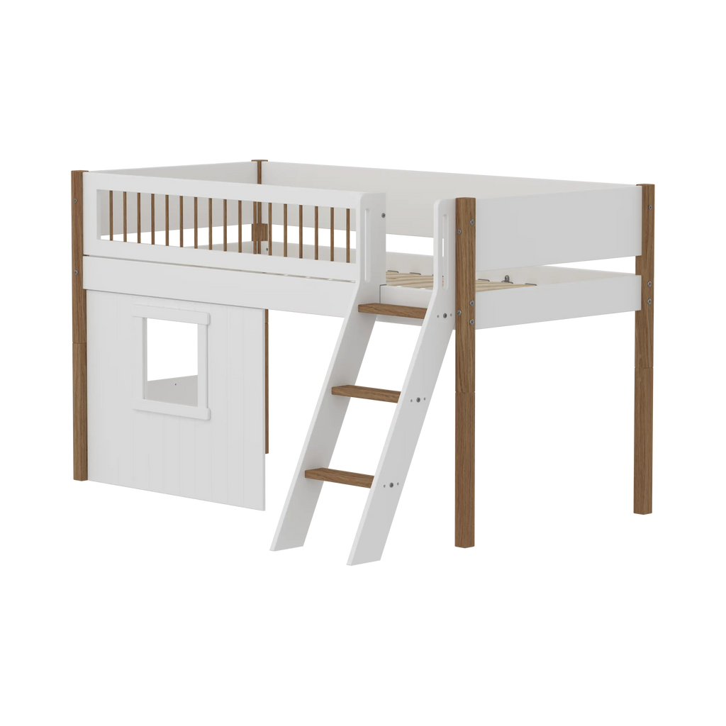 Lit mezzanine 120 cm avec cabane, échelle et barrière de sécurité, 90x200 cm, Blanc/Chêne