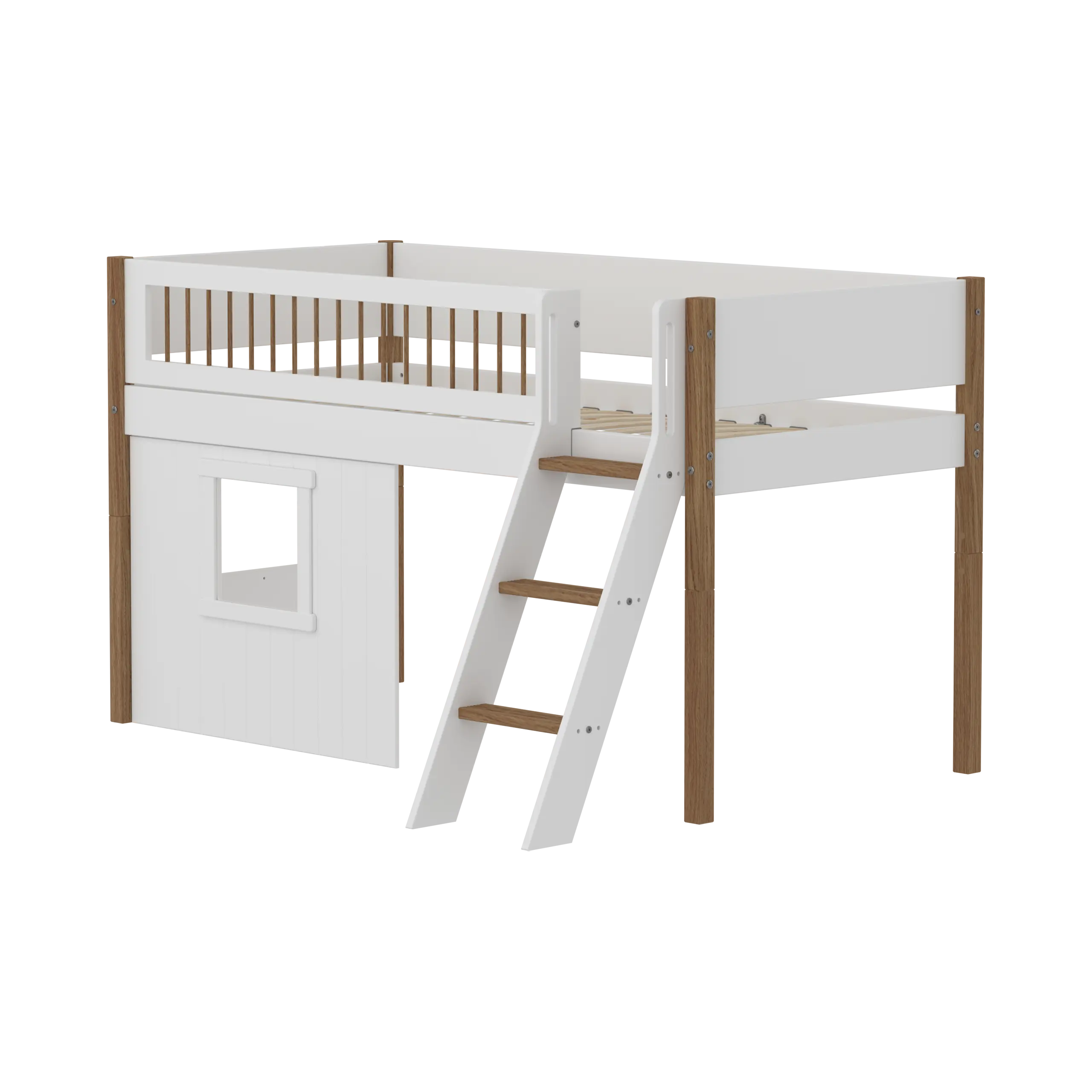 Lit mezzanine 120 cm avec cabane, échelle et barrière de sécurité, 90x200 cm, Blanc/Chêne