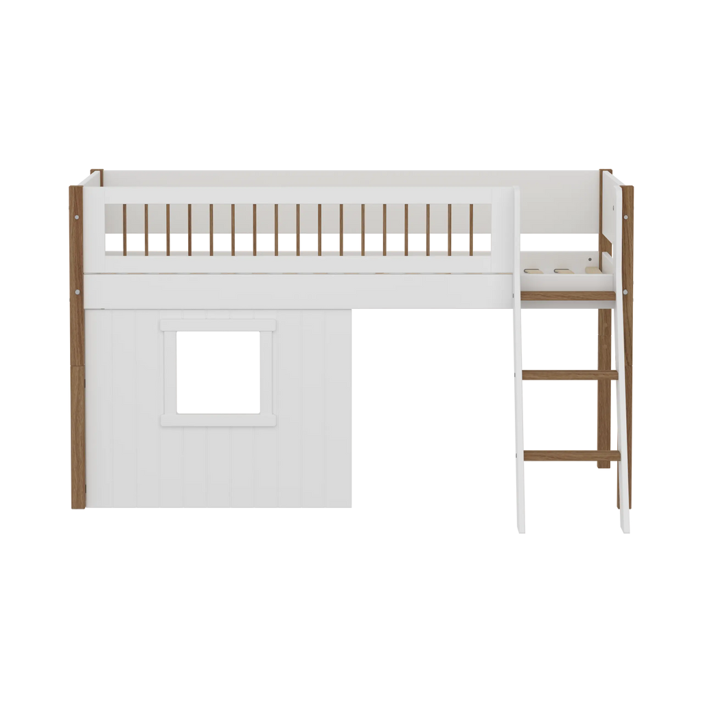 Lit mezzanine 120 cm avec cabane, échelle et barrière de sécurité, 90x200 cm, Blanc/Chêne