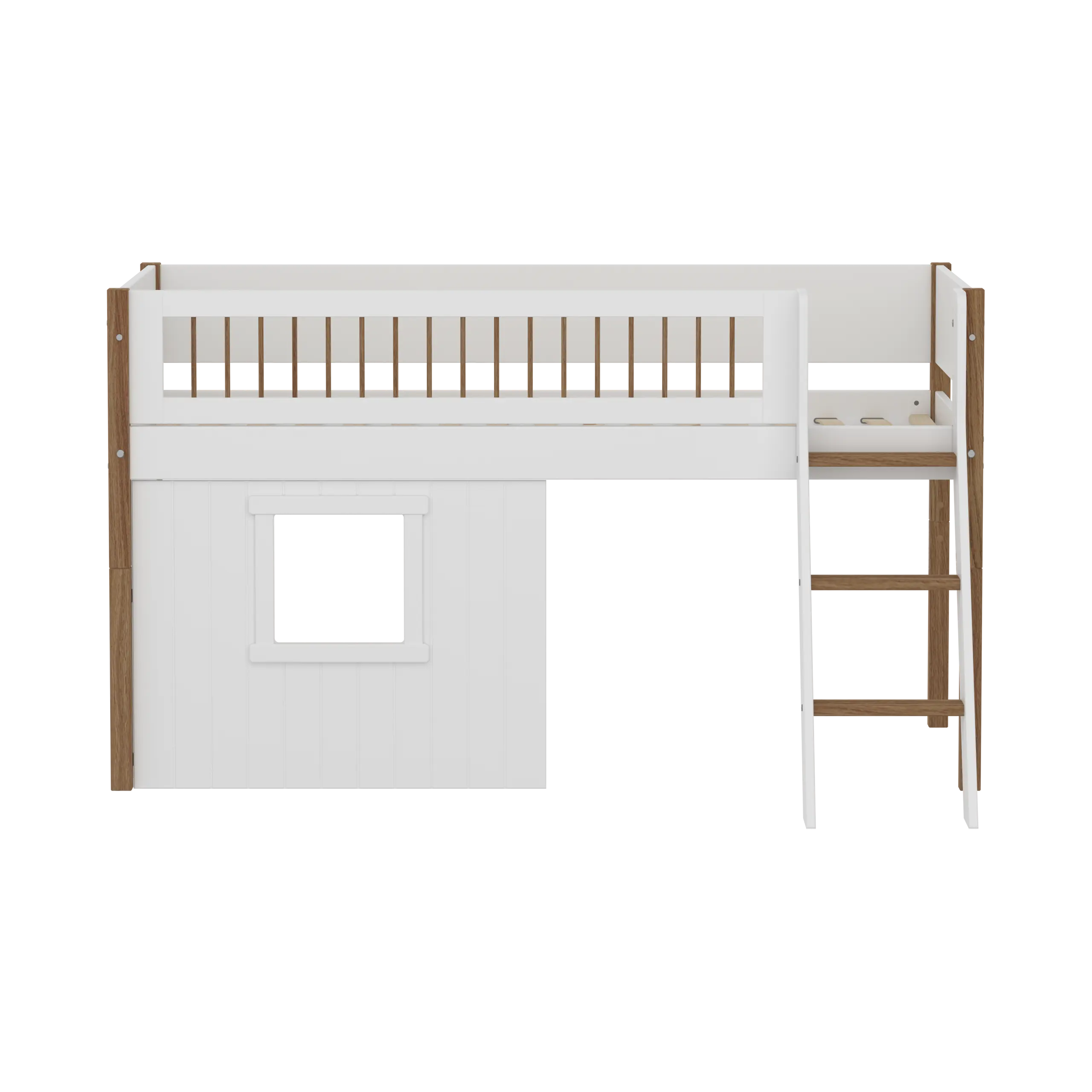 Lit mezzanine 120 cm avec cabane, échelle et barrière de sécurité, 90x200 cm, Blanc/Chêne