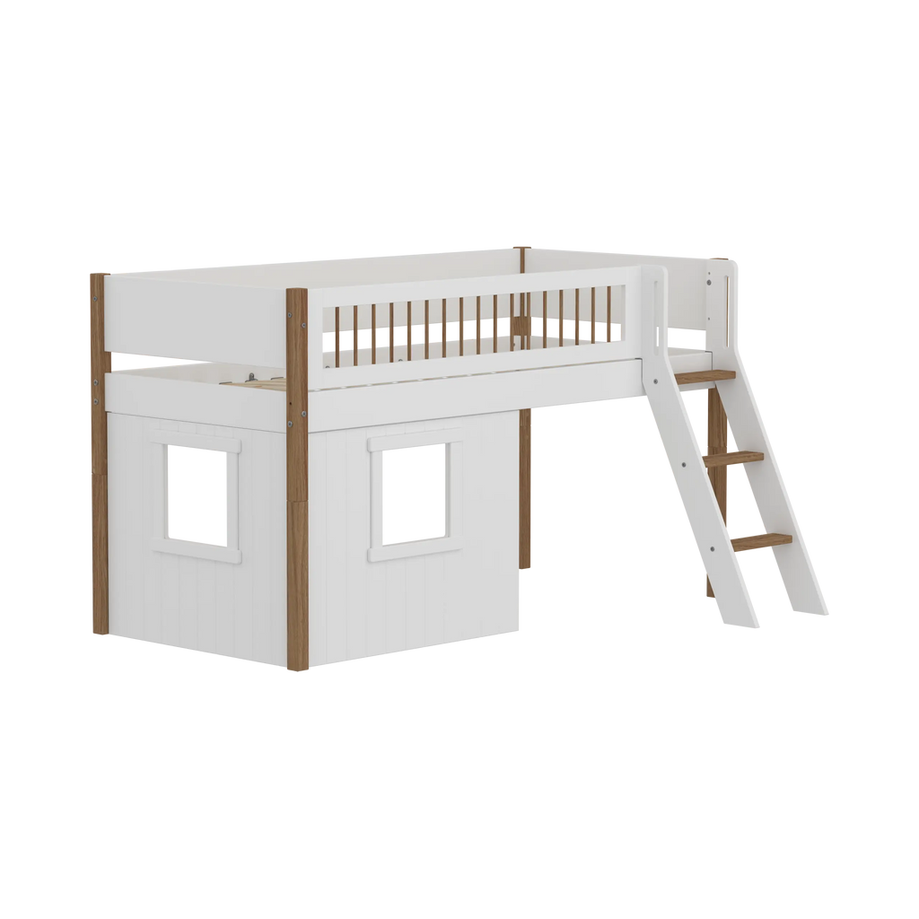 Lit mezzanine 120 cm avec cabane, échelle et barrière de sécurité, 90x200 cm, Blanc/Chêne