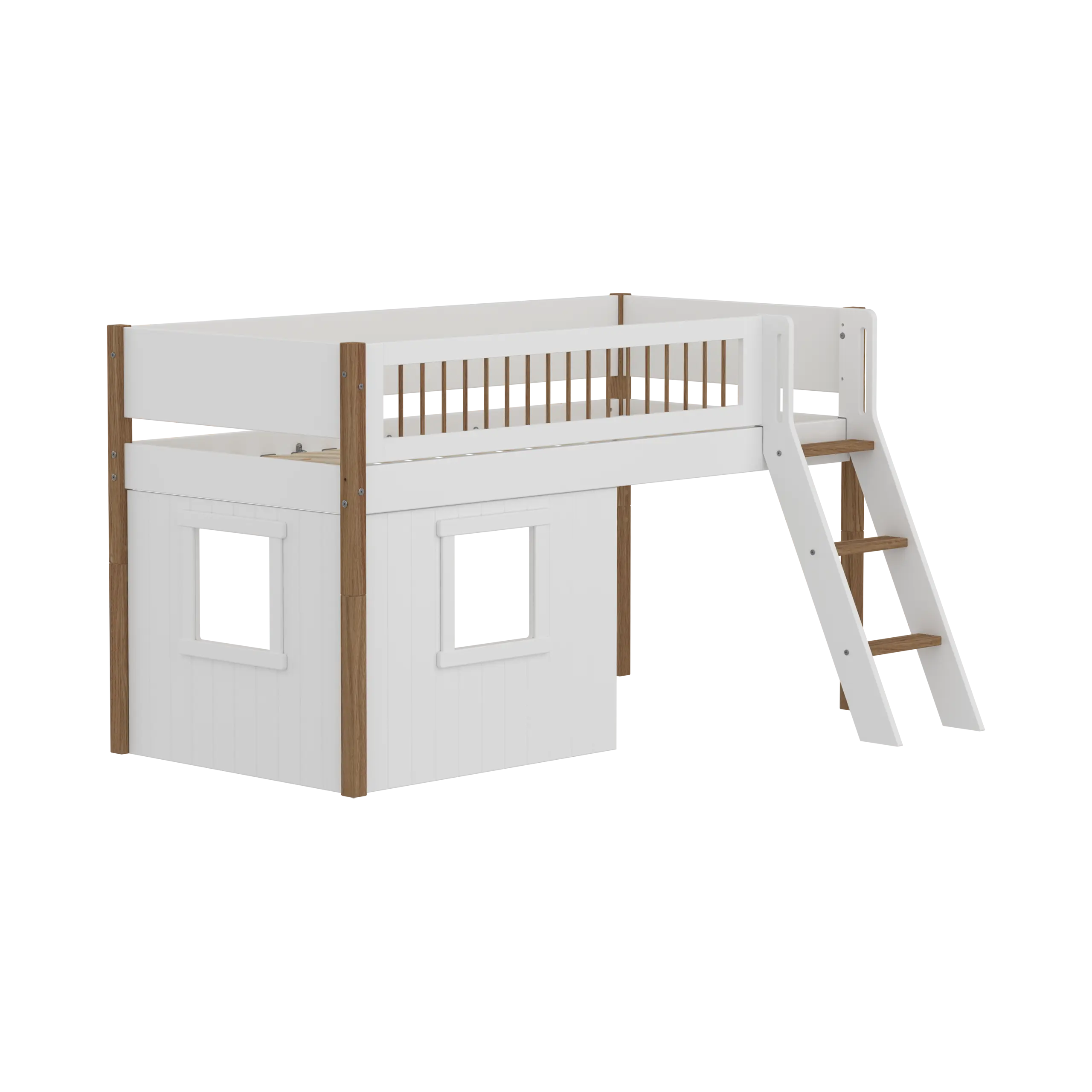 Lit mezzanine 120 cm avec cabane, échelle et barrière de sécurité, 90x200 cm, Blanc/Chêne