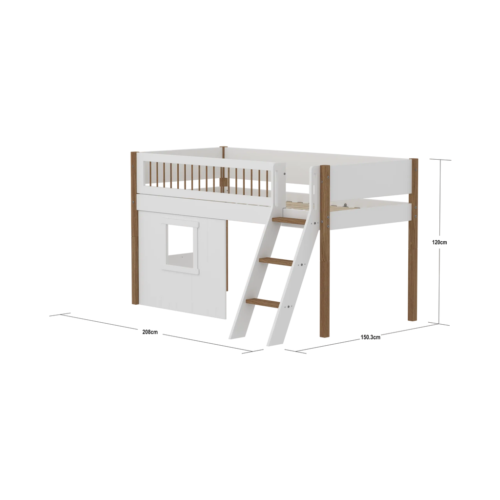 Lit mezzanine 120 cm avec cabane, échelle et barrière de sécurité, 90x200 cm, Blanc/Chêne