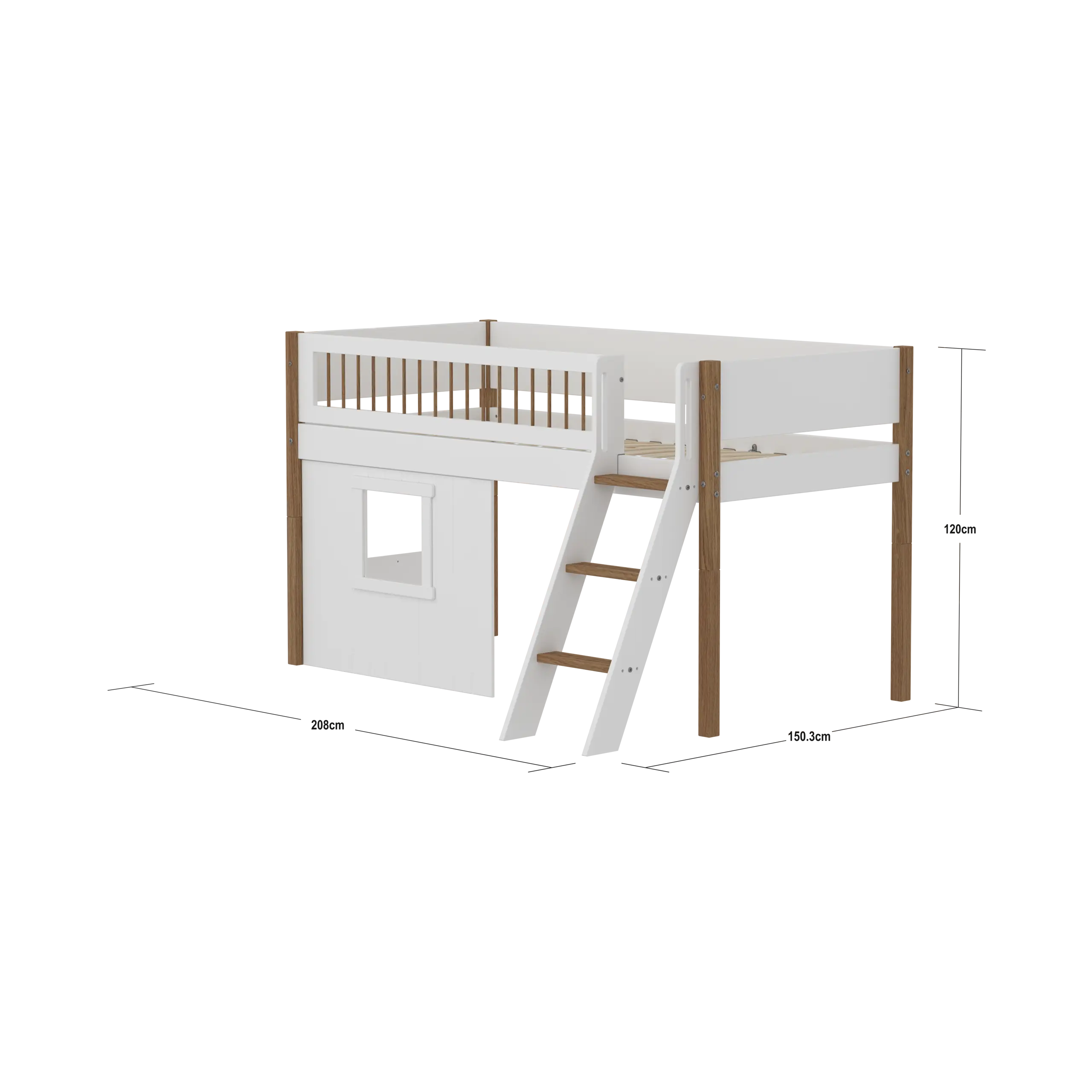 Lit mezzanine 120 cm avec cabane, échelle et barrière de sécurité, 90x200 cm, Blanc/Chêne