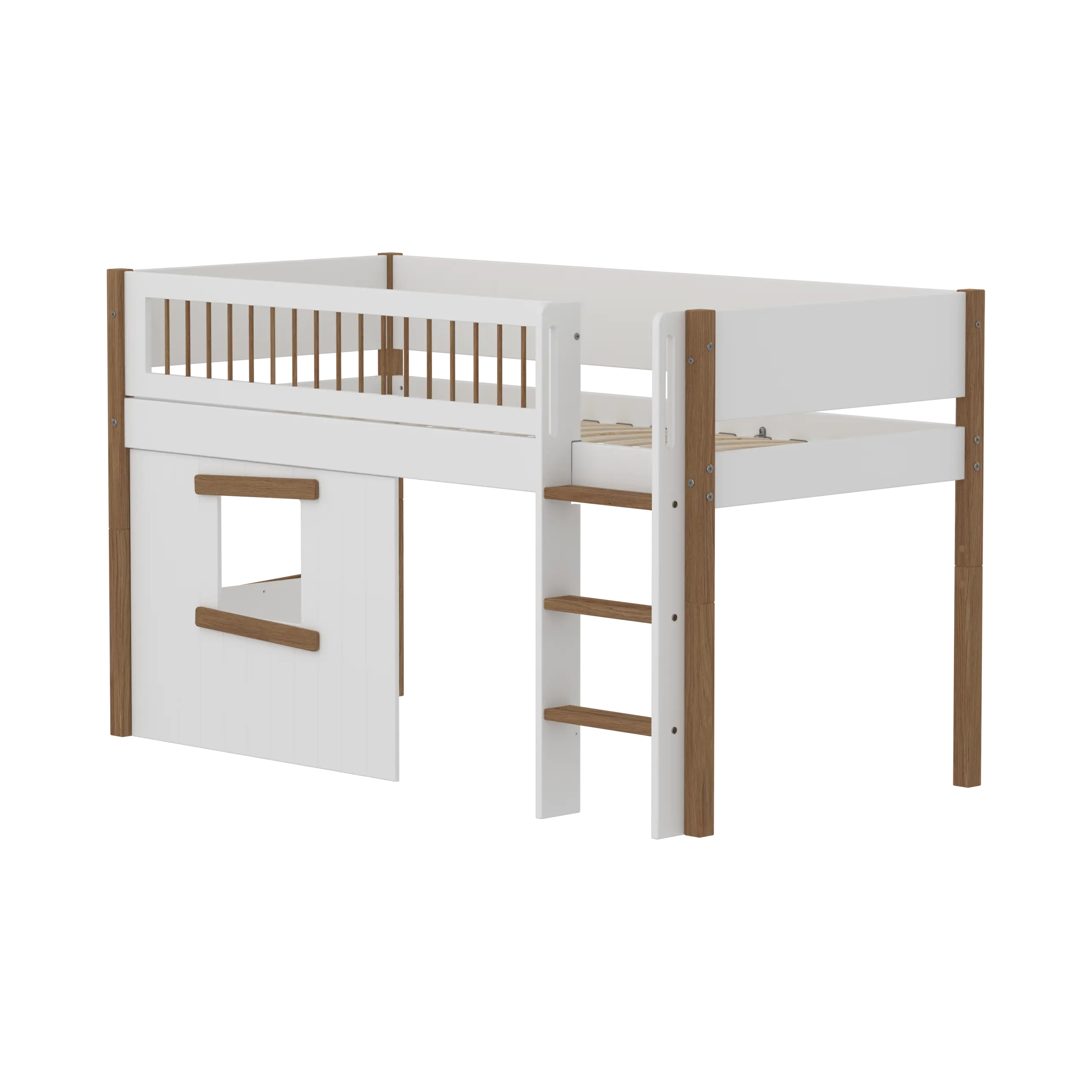 Lit surélevé 120 cm avec cabane, échelle et barrière de sécurité, 90x200 cm, Blanc/Chêne