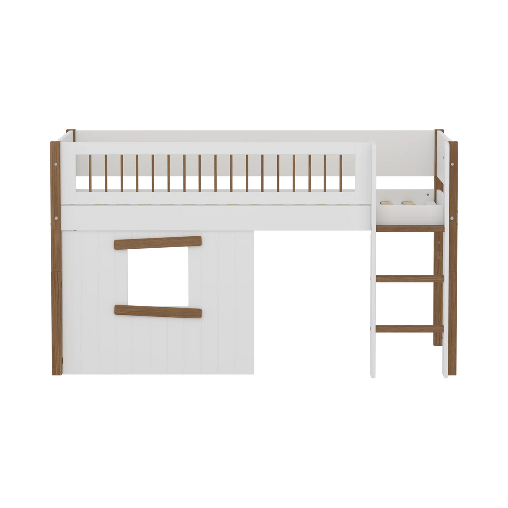 Lit surélevé 120 cm avec cabane, échelle et barrière de sécurité, 90x200 cm, Blanc/Chêne