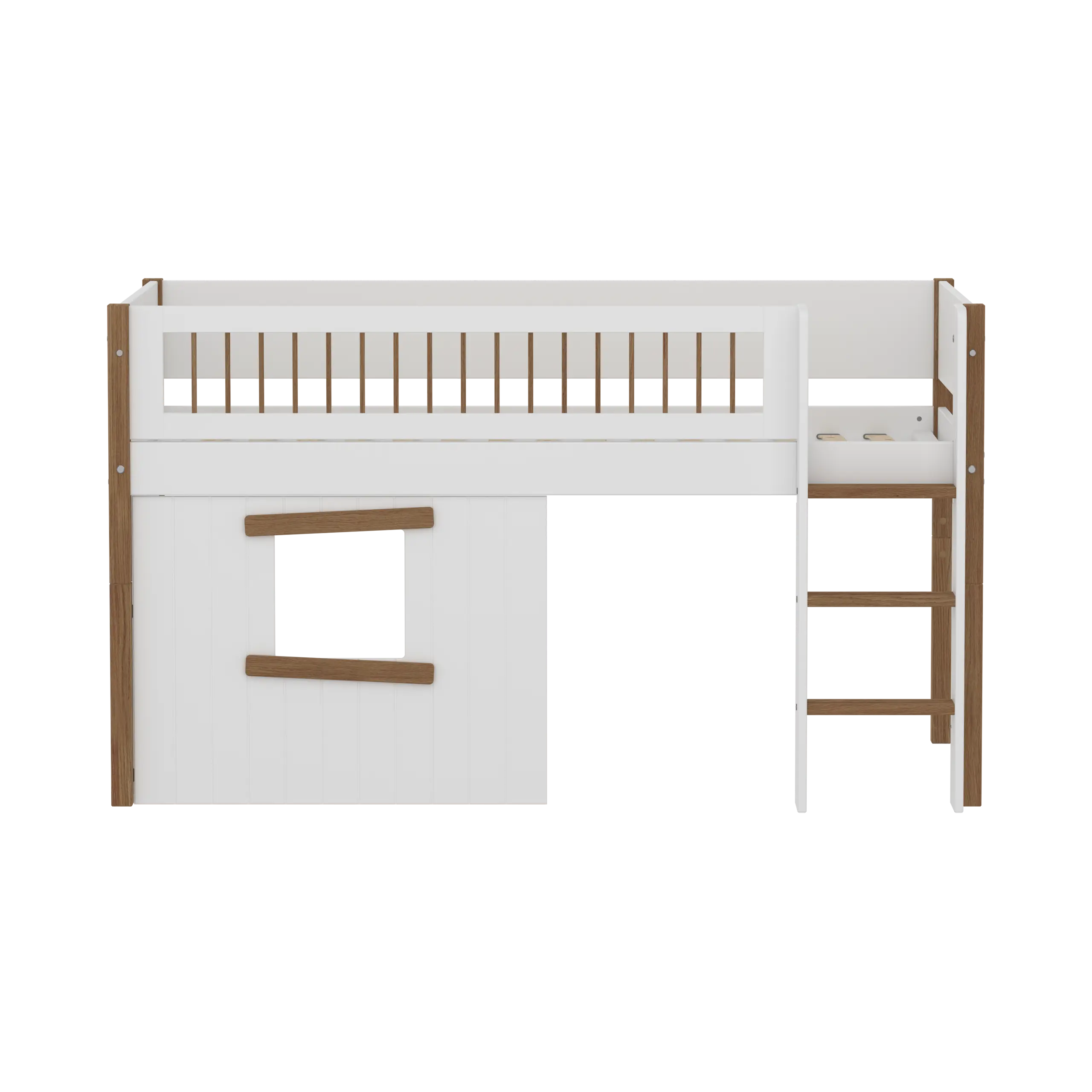 Lit surélevé 120 cm avec cabane, échelle et barrière de sécurité, 90x200 cm, Blanc/Chêne