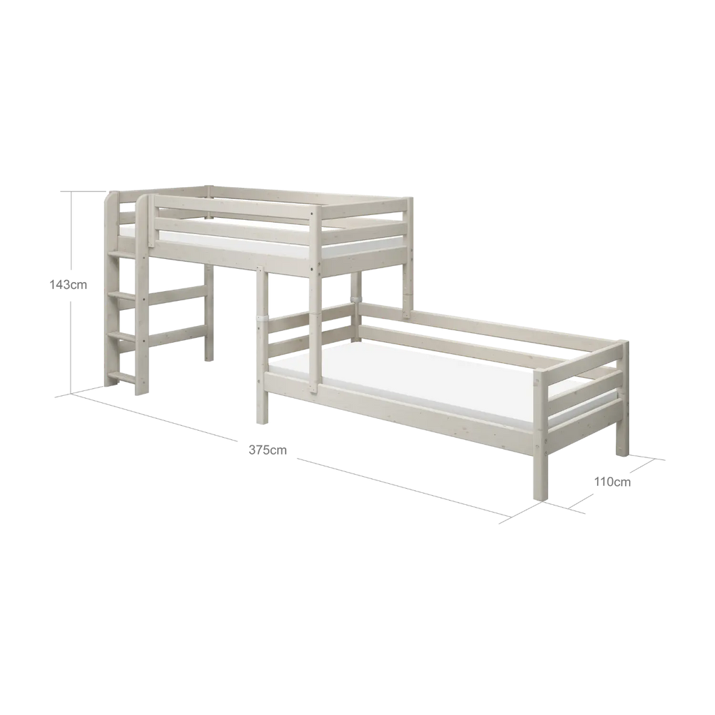 Lit superposé 143 cm avec échelle et barrière de sécurité, 90x200 cm, Blanc