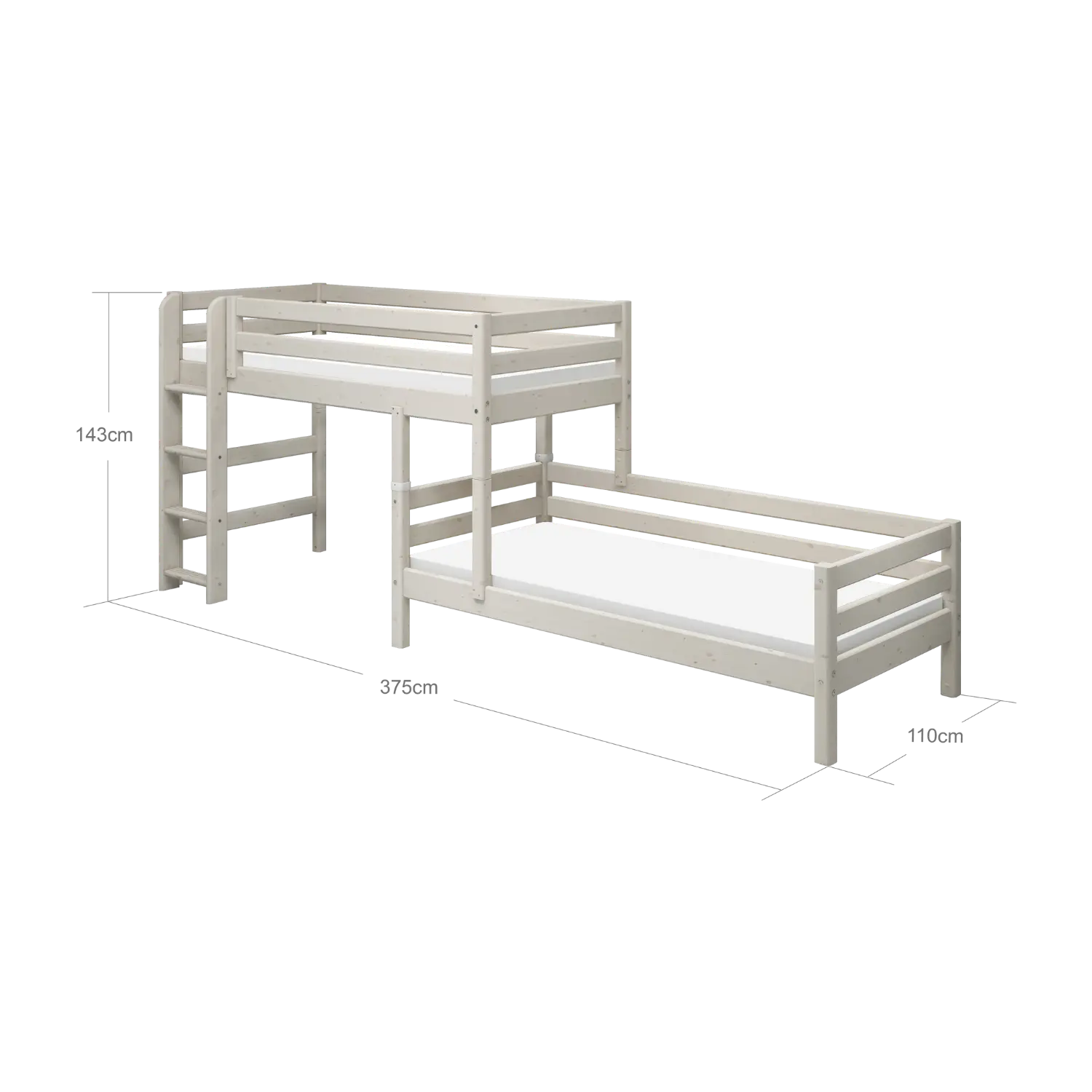 Lit superposé 143 cm avec échelle et barrière de sécurité, 90x200 cm, Blanc