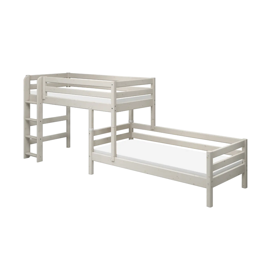 Lit superposé 143 cm avec échelle et barrière de sécurité, 90x200 cm, Blanc