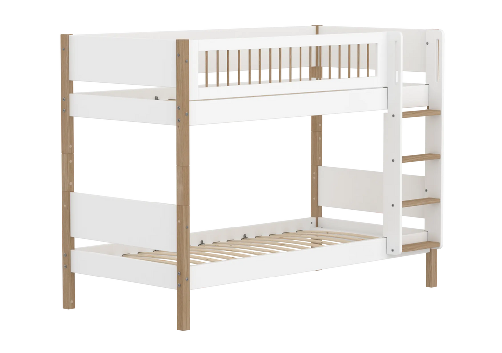Lit superposé 154 cm avec échelle et barrière de sécurité, 90x200 cm, Blanc/Chêne