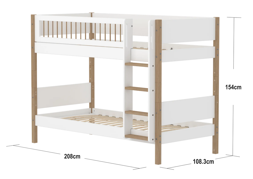 Lit superposé 154 cm avec échelle et barrière de sécurité, 90x200 cm, Blanc/Chêne