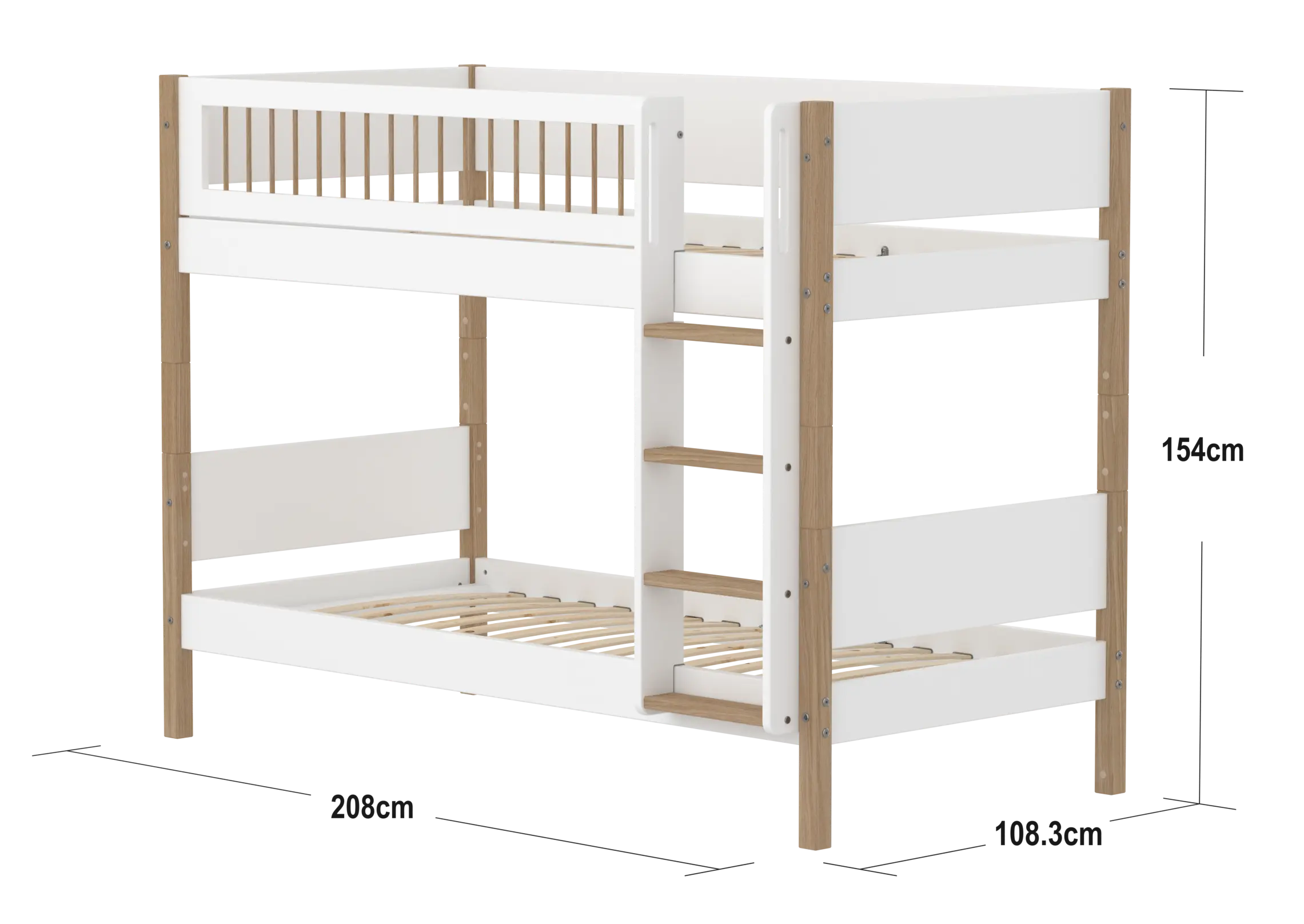 Lit superposé 154 cm avec échelle et barrière de sécurité, 90x200 cm, Blanc/Chêne
