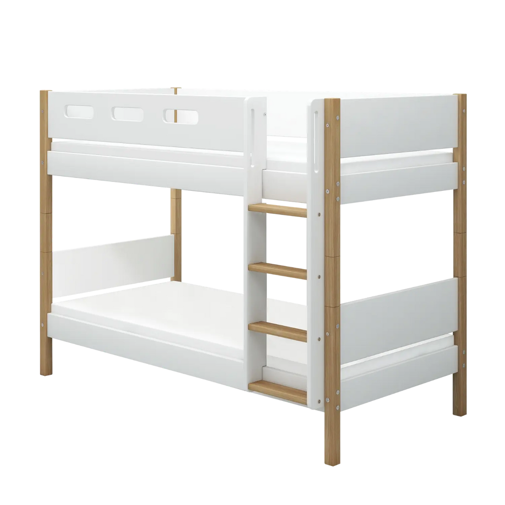 Lit Superposé 154 cm avec Échelle Droite et Barrière de Sécurité, 90x200 cm, Blanc/Chêne