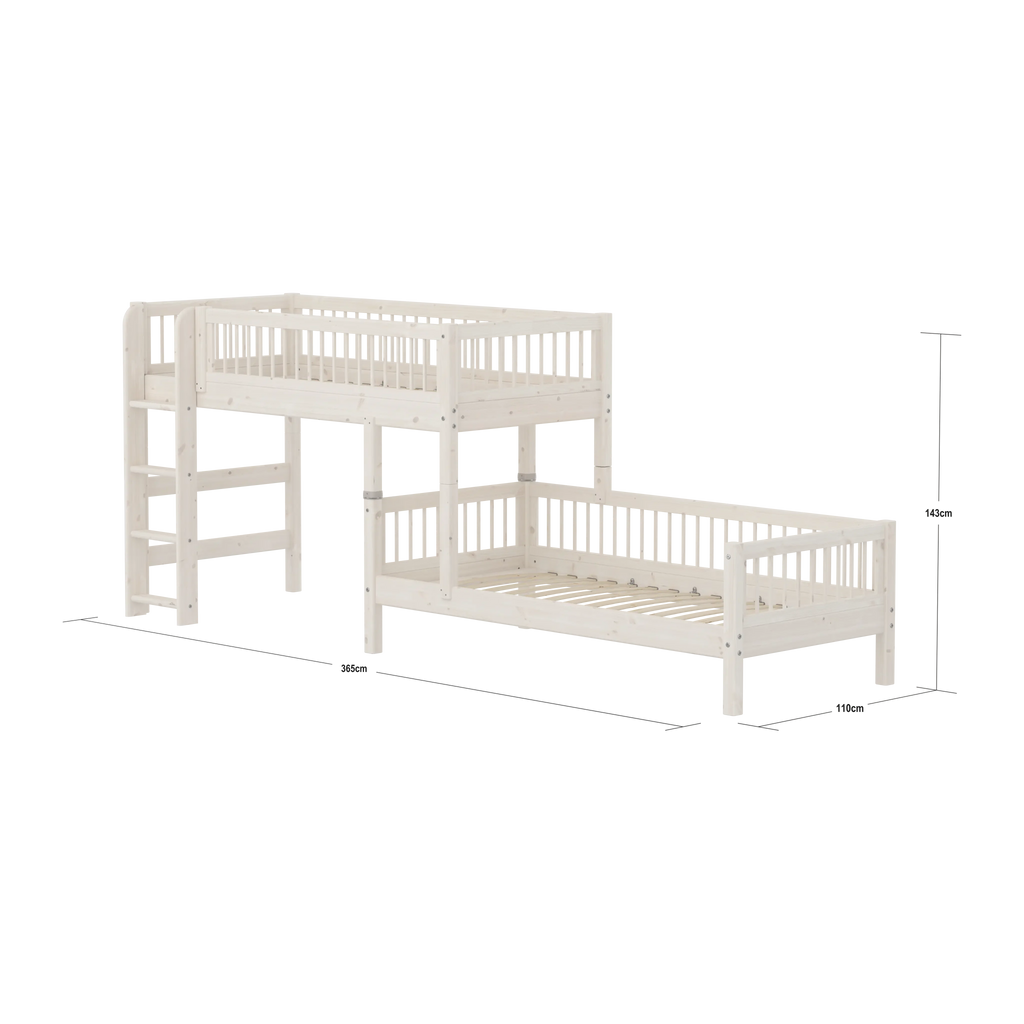 Lit superposé 143 cm avec échelle et barrière de sécurité, 90x200 cm, Blanc