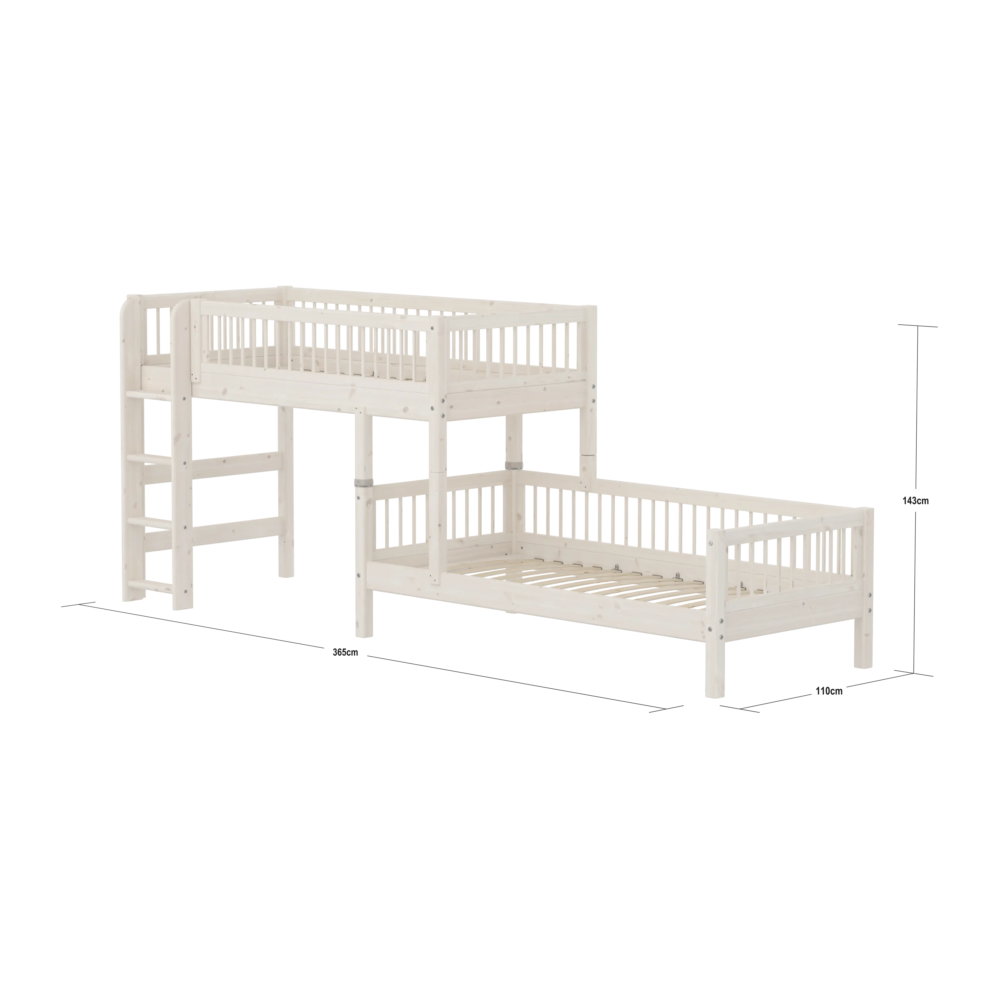 Lit superposé 143 cm avec échelle et barrière de sécurité, 90x200 cm, Blanc