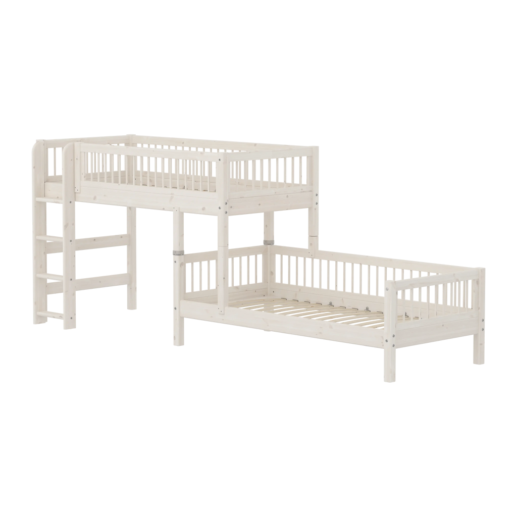 Lit superposé 143 cm avec échelle et barrière de sécurité, 90x200 cm, Blanc