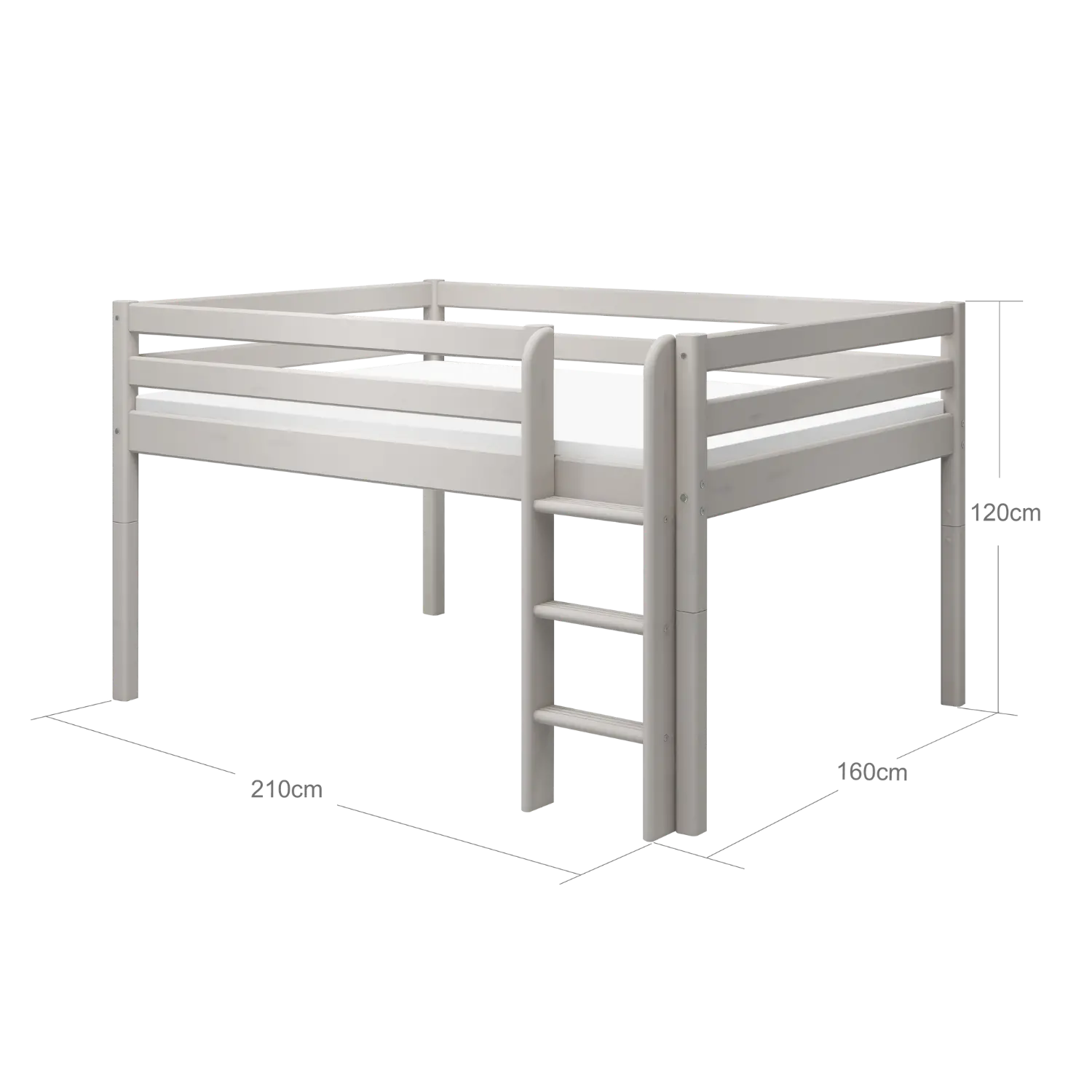 Lit surélevé 120 cm avec échelle et barrière de sécurité, 140x200 cm, gris