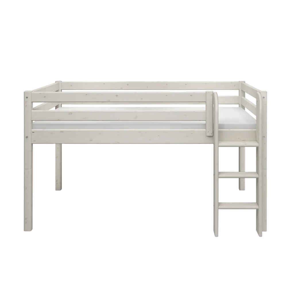 Lit surélevé 120 cm avec échelle et barrière de sécurité, 90x200 cm, Gris