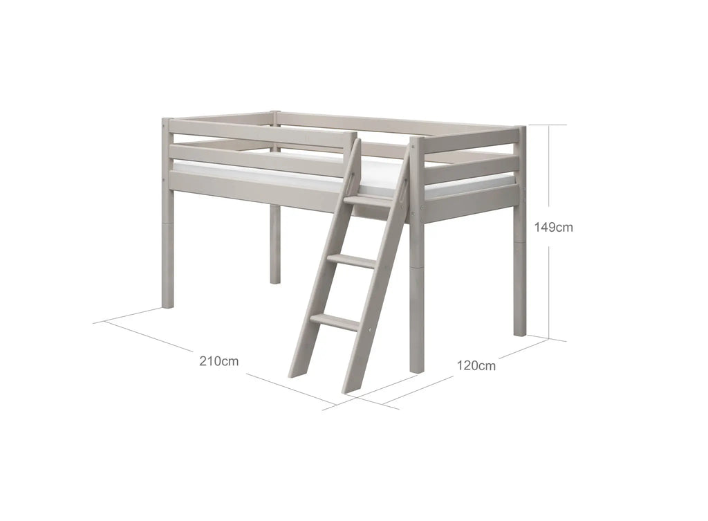 Lit surélevé 120 cm avec échelle et barrière de sécurité, 90x200 cm, Gris