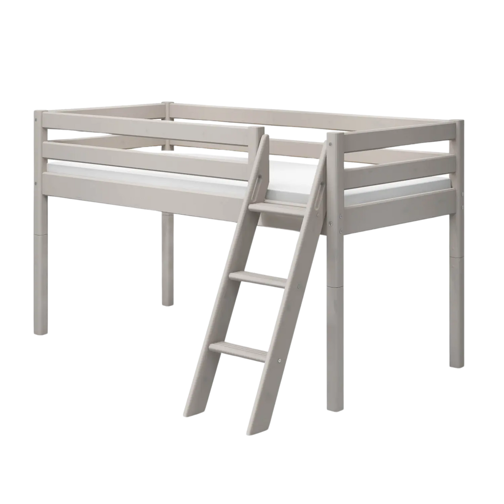 Lit surélevé 120 cm avec échelle et barrière de sécurité, 90x200 cm, Gris