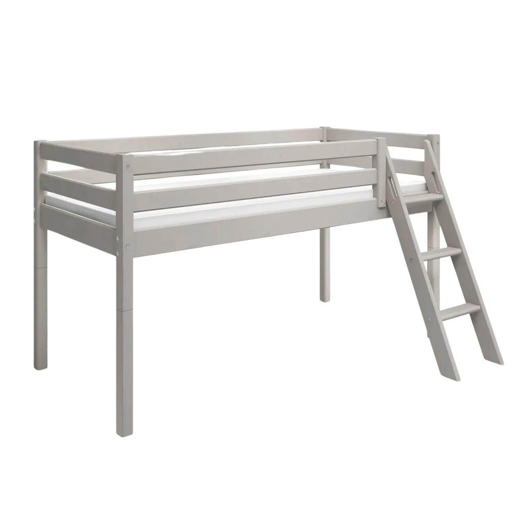 Lit surélevé 120 cm avec échelle et barrière de sécurité, 90x200 cm, Gris