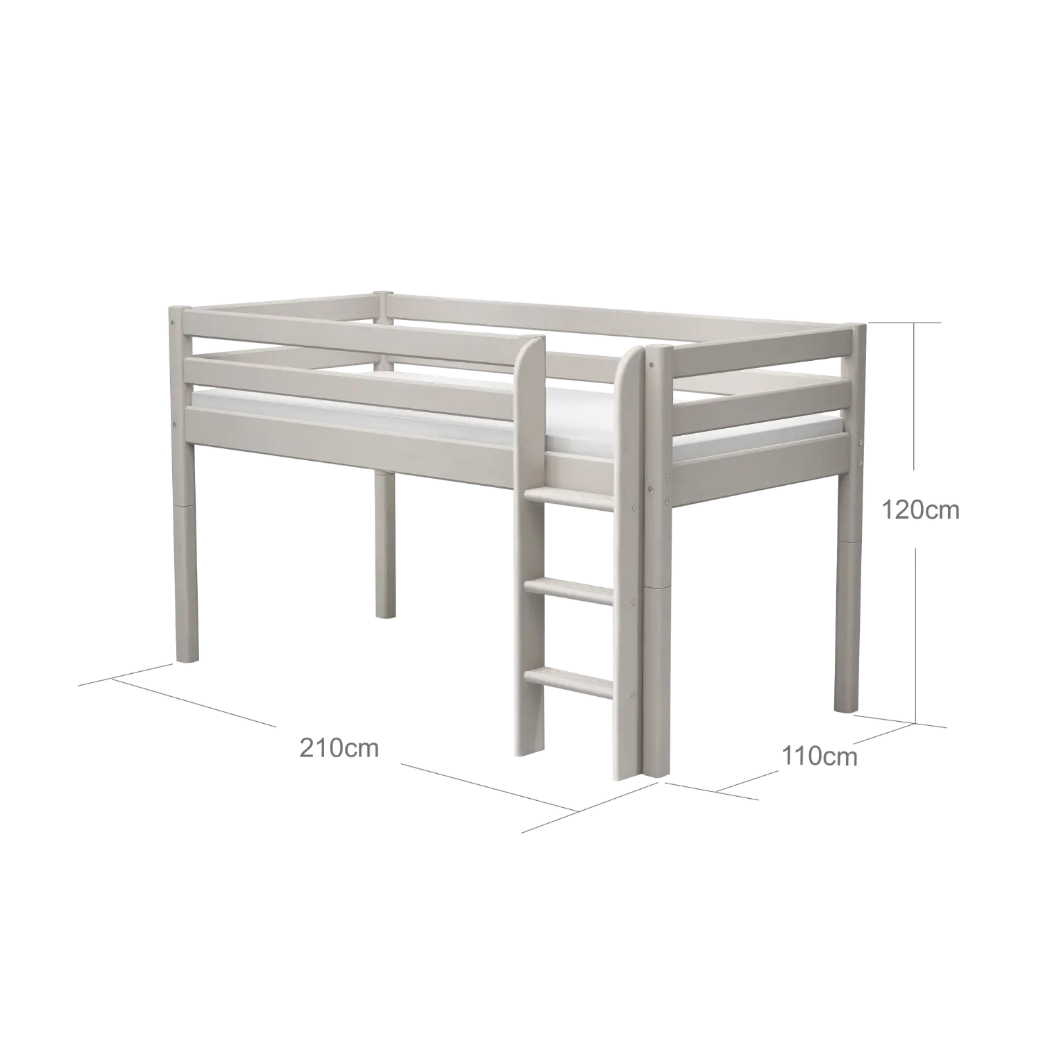 Lit surélevé 120 cm avec échelle et barrière de sécurité, 90x200 cm, Gris