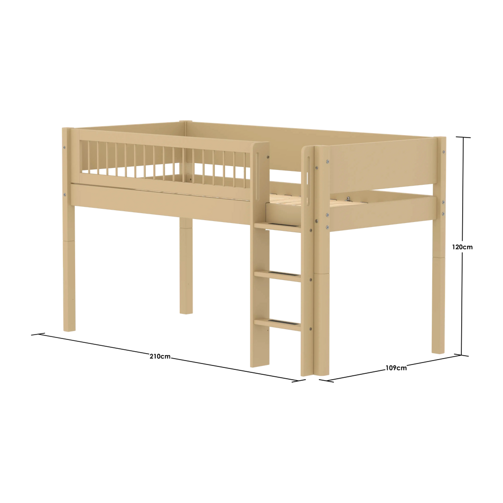 Lit mezzanine 120 cm avec échelle et barrière de sécurité, 90x200 cm, Sable
