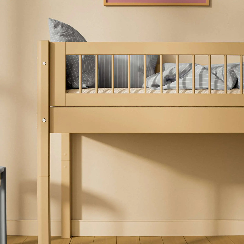 Lit mezzanine 120 cm avec échelle et barrière de sécurité, 90x200 cm, Sable