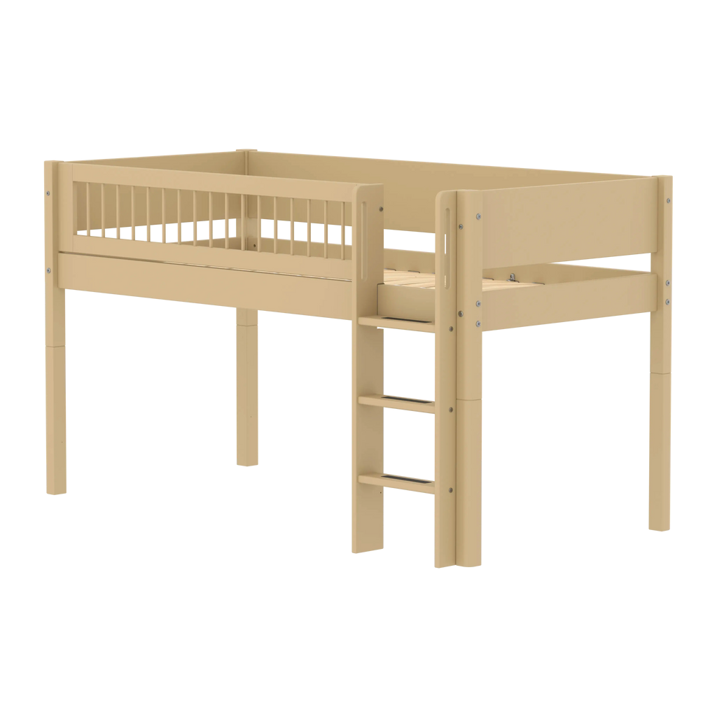 Lit mezzanine 120 cm avec échelle et barrière de sécurité, 90x200 cm, Sable