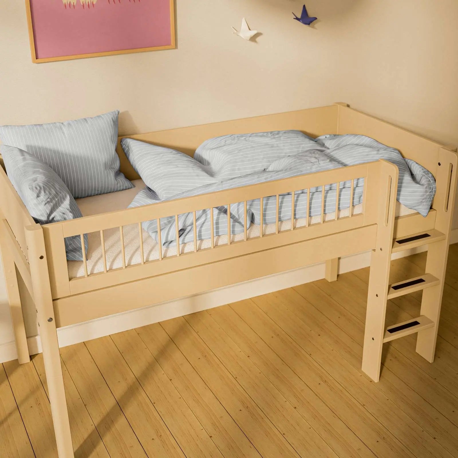 Lit mezzanine 120 cm avec échelle et barrière de sécurité, 90x200 cm, Sable