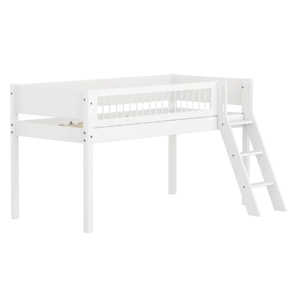 Lit mezzanine 120 cm avec échelle et barrière de sécurité, 90x200 cm, Blanc