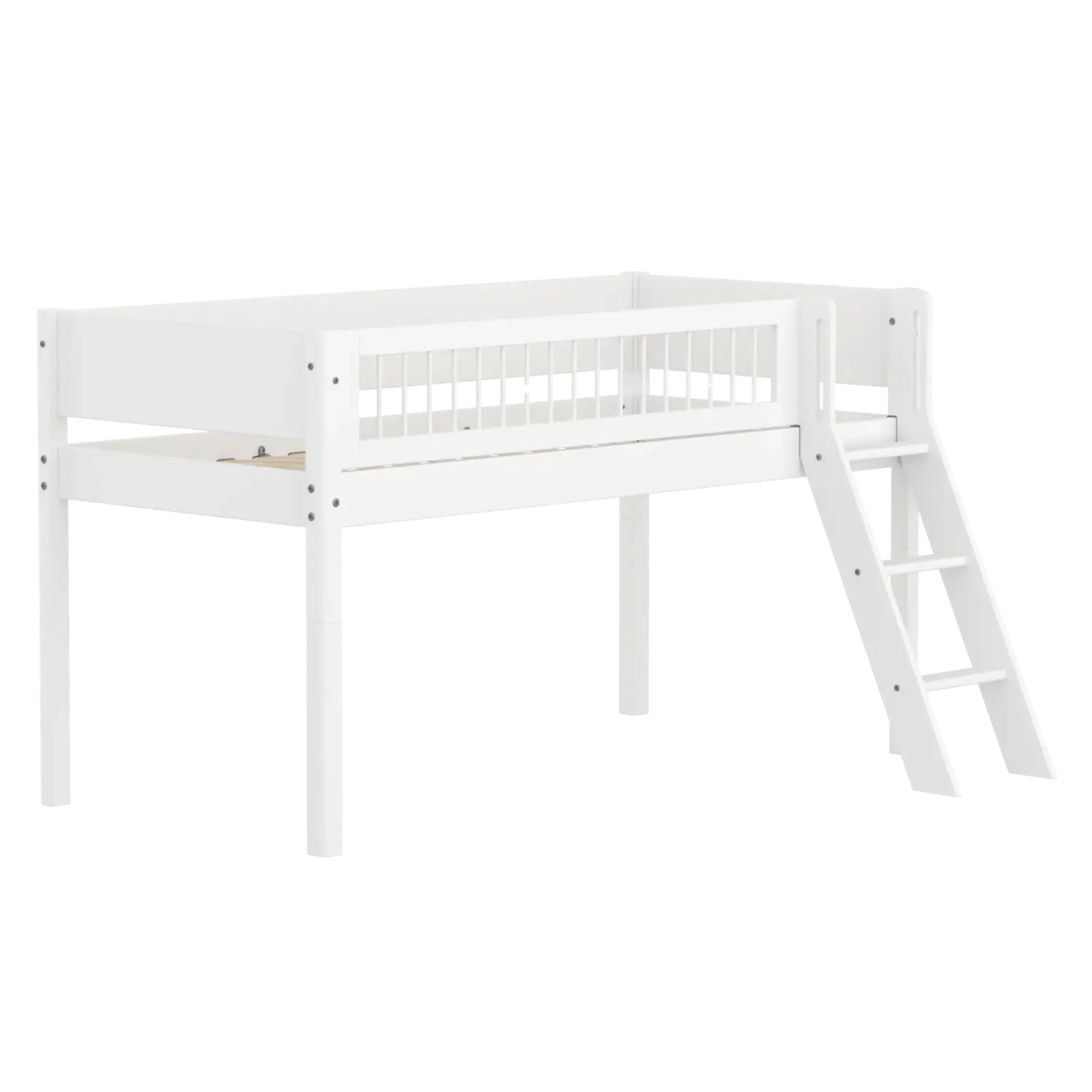 Lit mezzanine 120 cm avec échelle et barrière de sécurité, 90x200 cm, Blanc