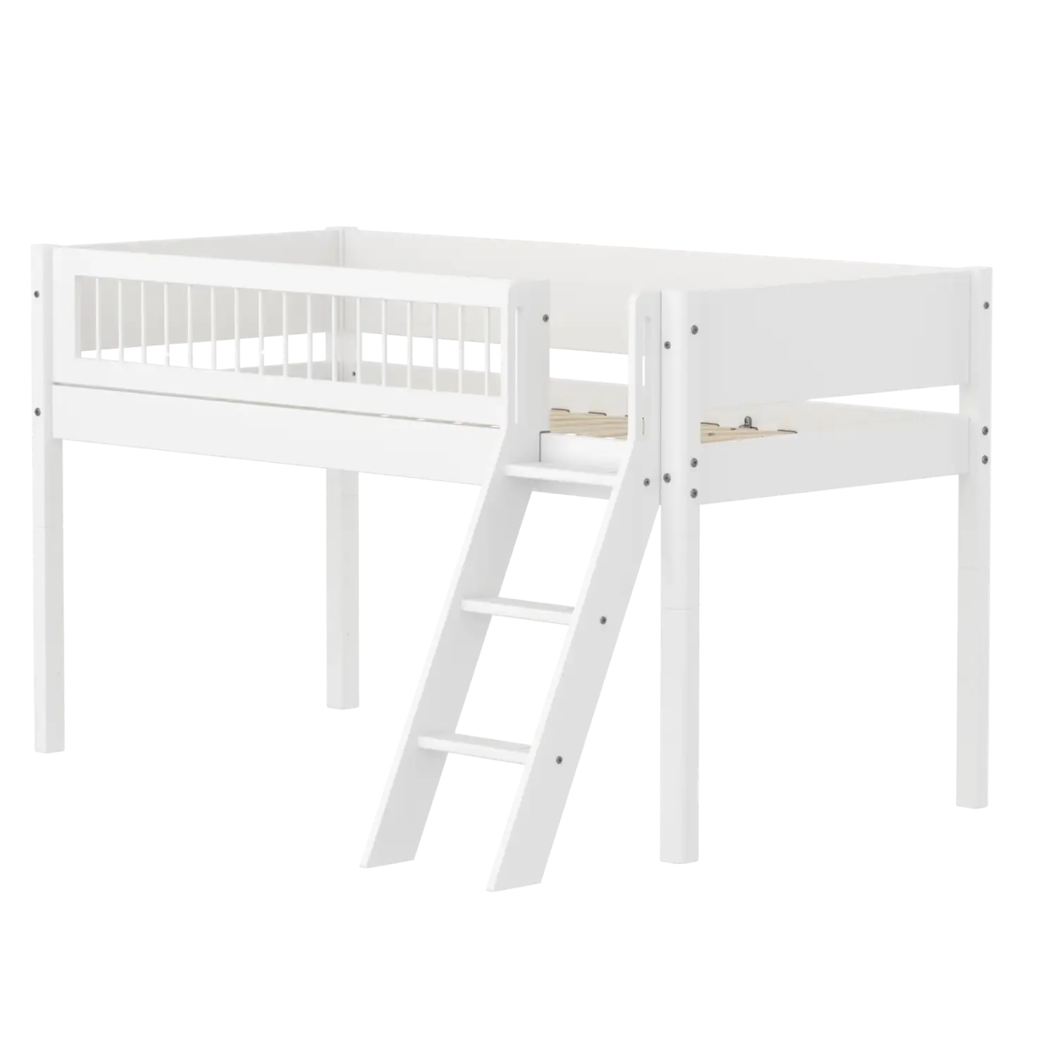 Lit mezzanine 120 cm avec échelle et barrière de sécurité, 90x200 cm, Blanc