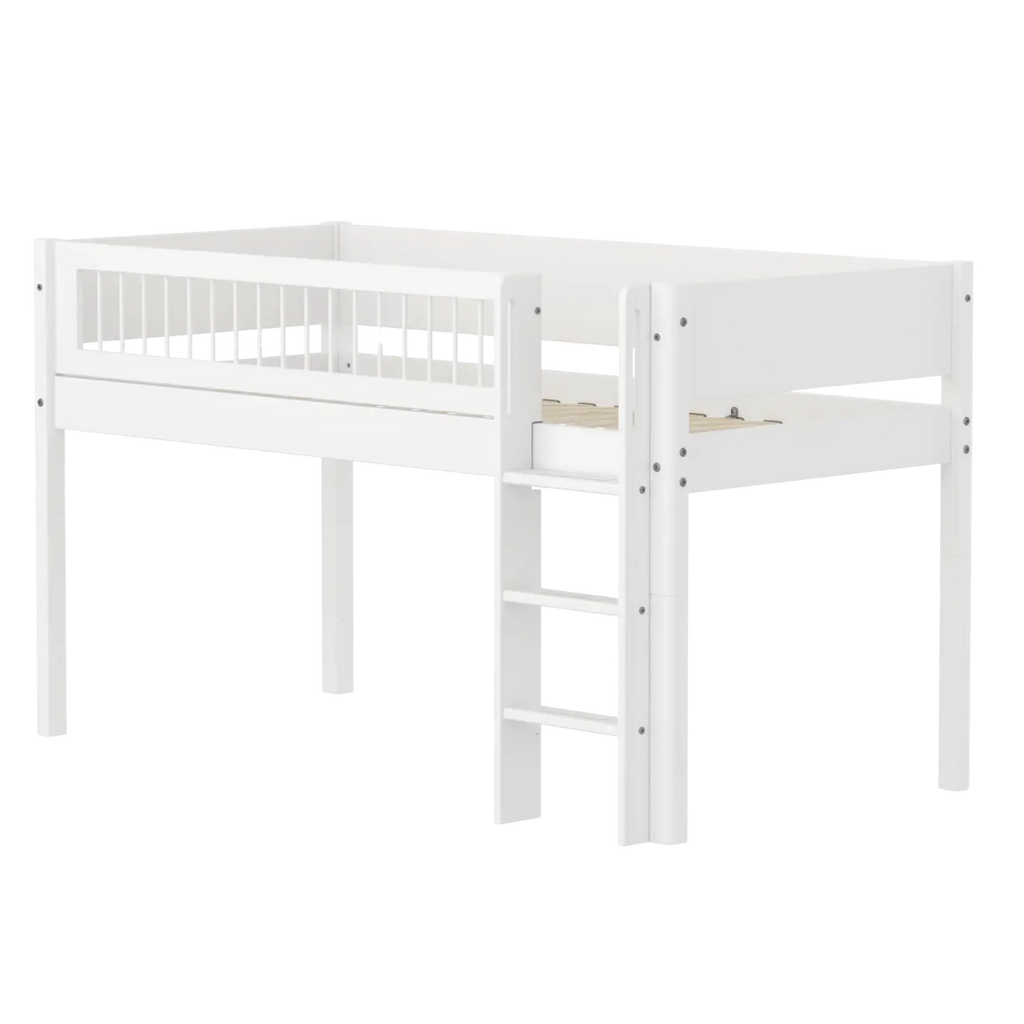 Lit mezzanine 120 cm avec échelle et barrière de sécurité, 90x200 cm, Blanc