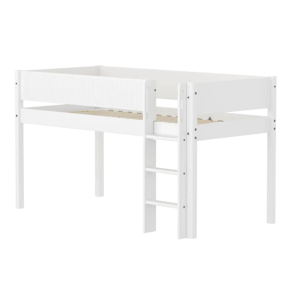 Lit mezzanine 120 cm avec échelle et barrière de sécurité, 90x200 cm, Blanc