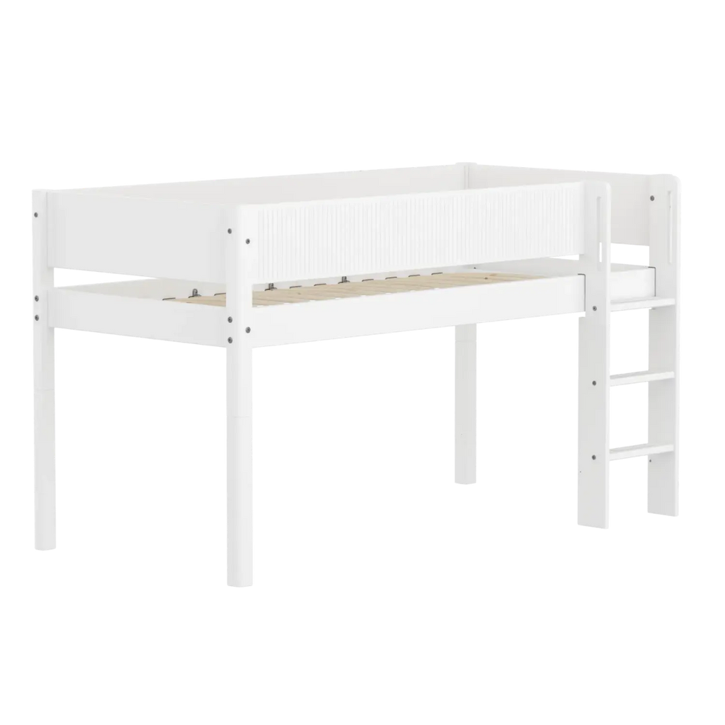 Lit mezzanine 120 cm avec échelle et barrière de sécurité, 90x200 cm, Blanc