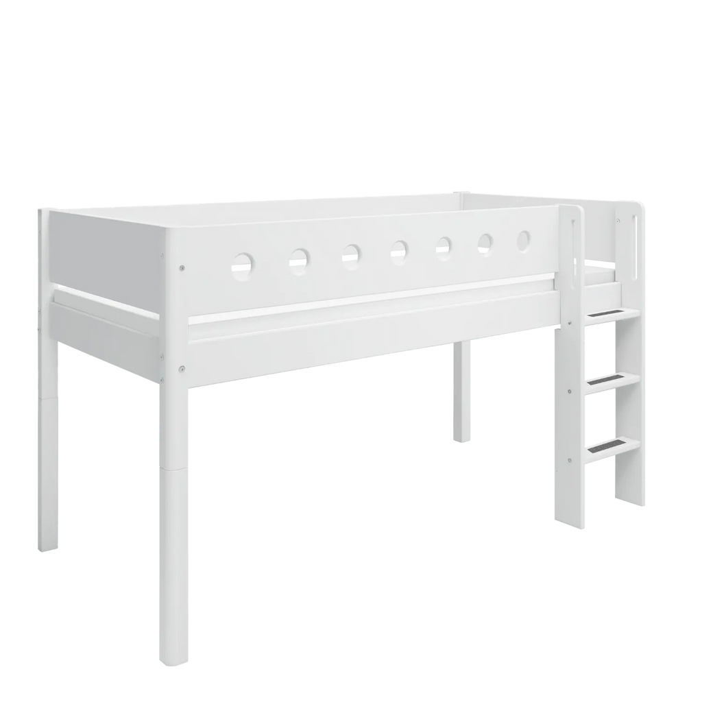 Lit mezzanine 120 cm avec échelle et barrière de sécurité, 90x200 cm, Blanc