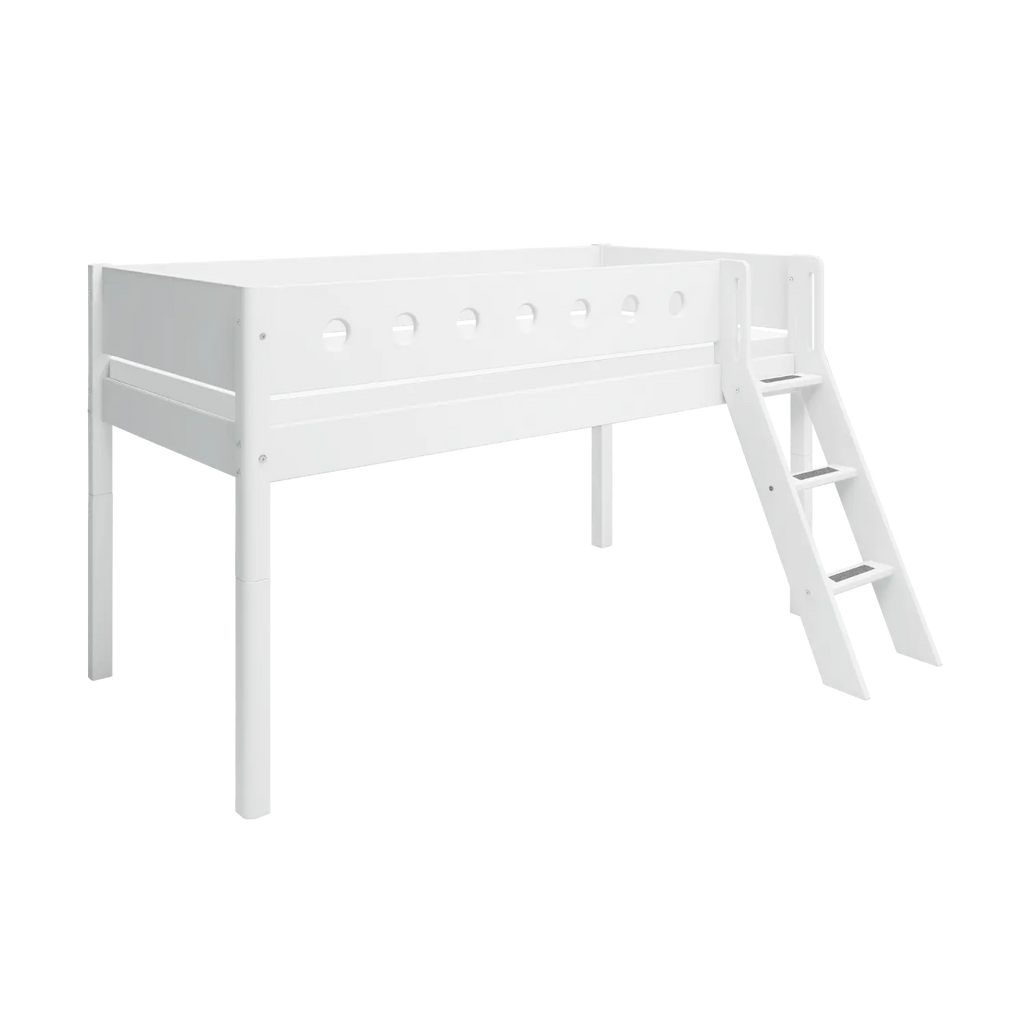 Lit mezzanine 120 cm avec échelle et barrière de sécurité, 90x200 cm, Blanc