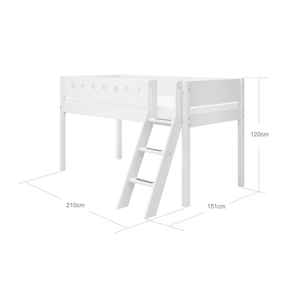Lit mezzanine 120 cm avec échelle et barrière de sécurité, 90x200 cm, Blanc
