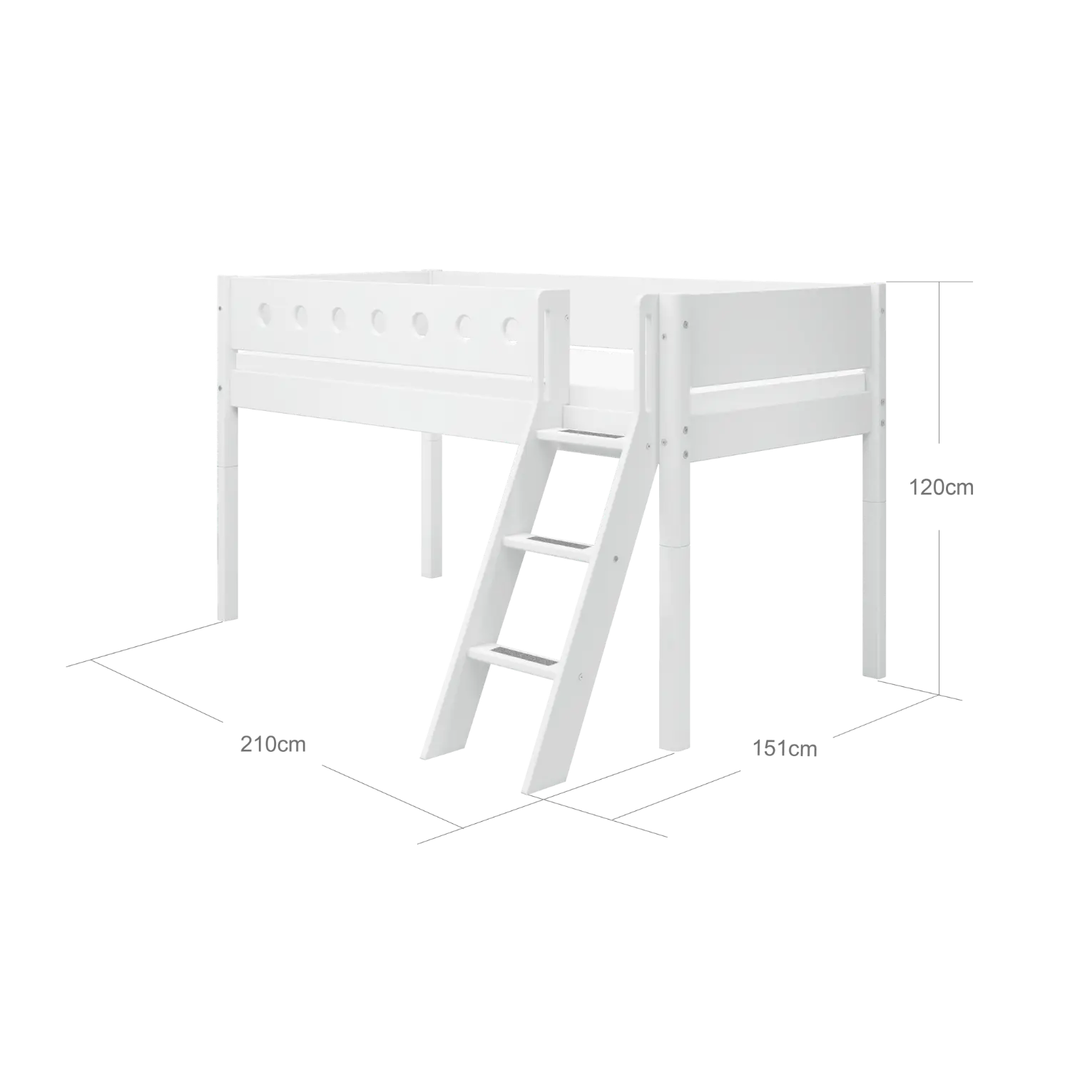 Lit mezzanine 120 cm avec échelle et barrière de sécurité, 90x200 cm, Blanc