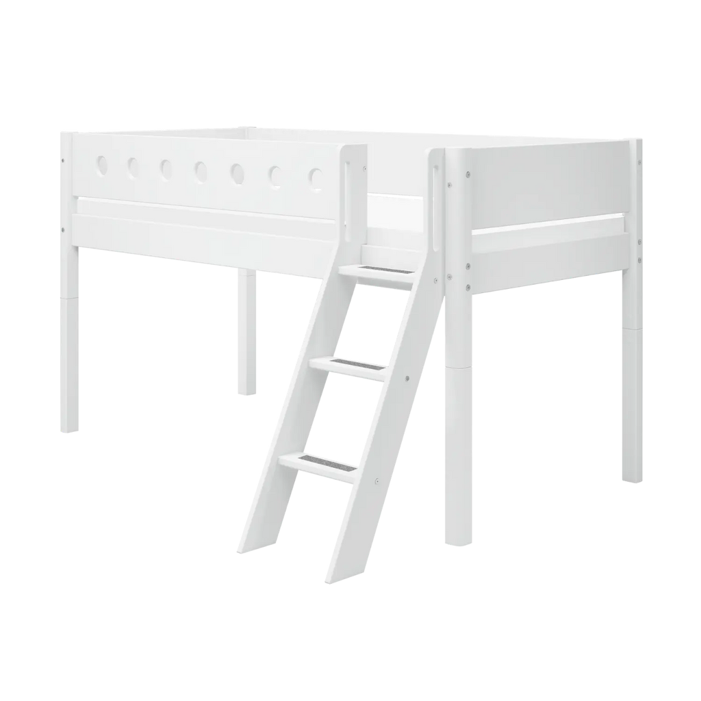 Lit mezzanine 120 cm avec échelle et barrière de sécurité, 90x200 cm, Blanc