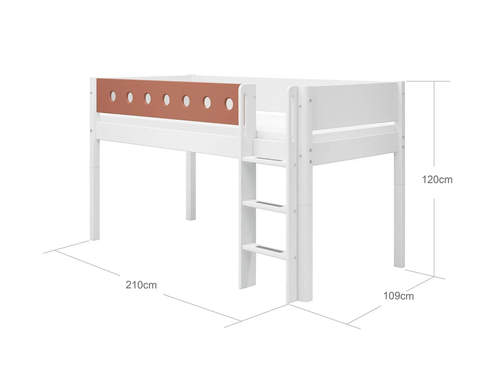 Lit mezzanine 120 cm avec échelle et barrière de sécurité, 90x200 cm, Blanc